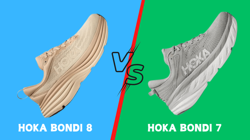 Side view of Hoka Bondi 8 and Bondi 7 highlighting the midsole cushioning and outer sole structure.
