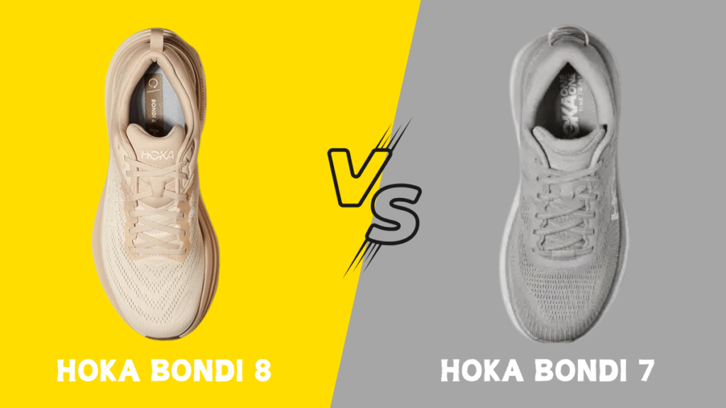 Top-down perspective of Hoka Bondi 8 and Bondi 7 illustrating the lacing system and upper mesh differences.
