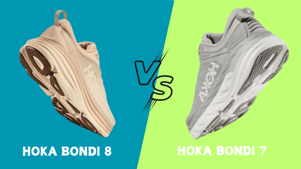 Side view of Hoka Bondi 8 and Bondi 7 highlighting the midsole cushioning and outer sole structure.
