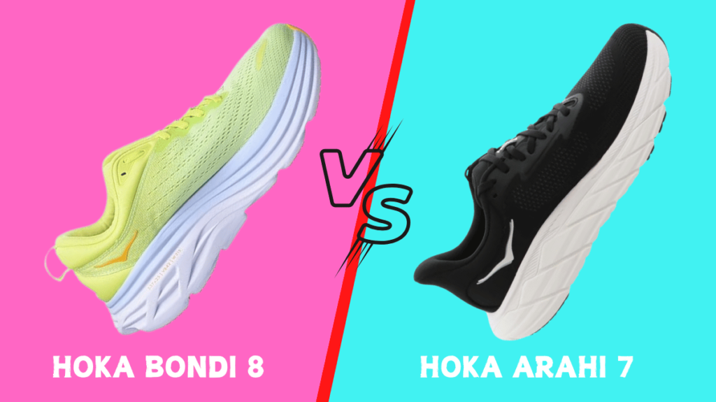 side by side comparison of Hoka Bondi 8 and Arahi 7 Shoes highlighting the midsole cushioning and outer sole structure.
