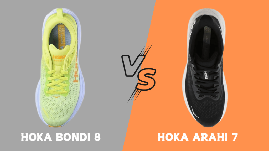 Top-down perspective of Hoka Bondi 8 and Arahi 7 illustrating the lacing system and upper mesh differences.
