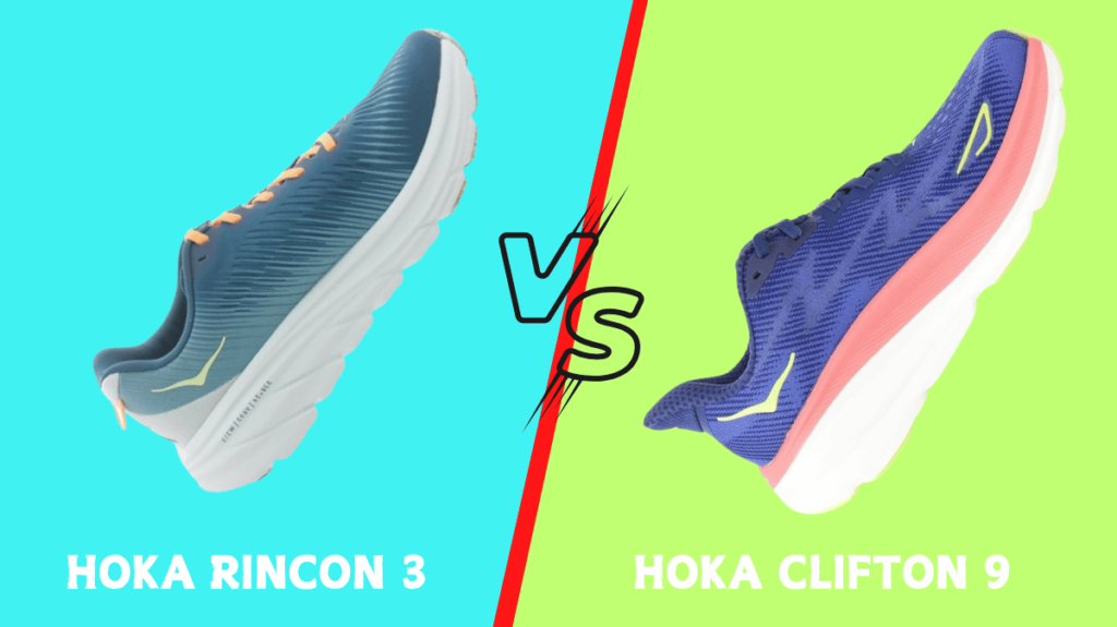 Side view of Hoka Rincon 3 vs Clifton 9 highlighting the midsole cushioning and outer sole structure.
