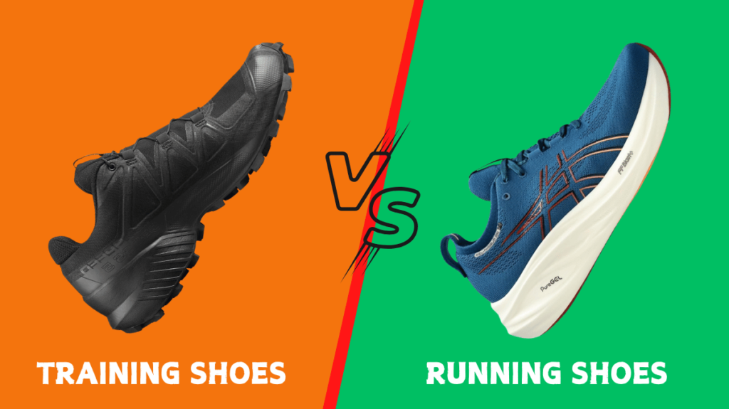 "Side-by-side comparison of training shoes and running shoes showing design and structure differences."