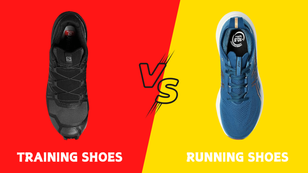 Top-down view of training and running shoes highlighting the toe box and lacing design differences."