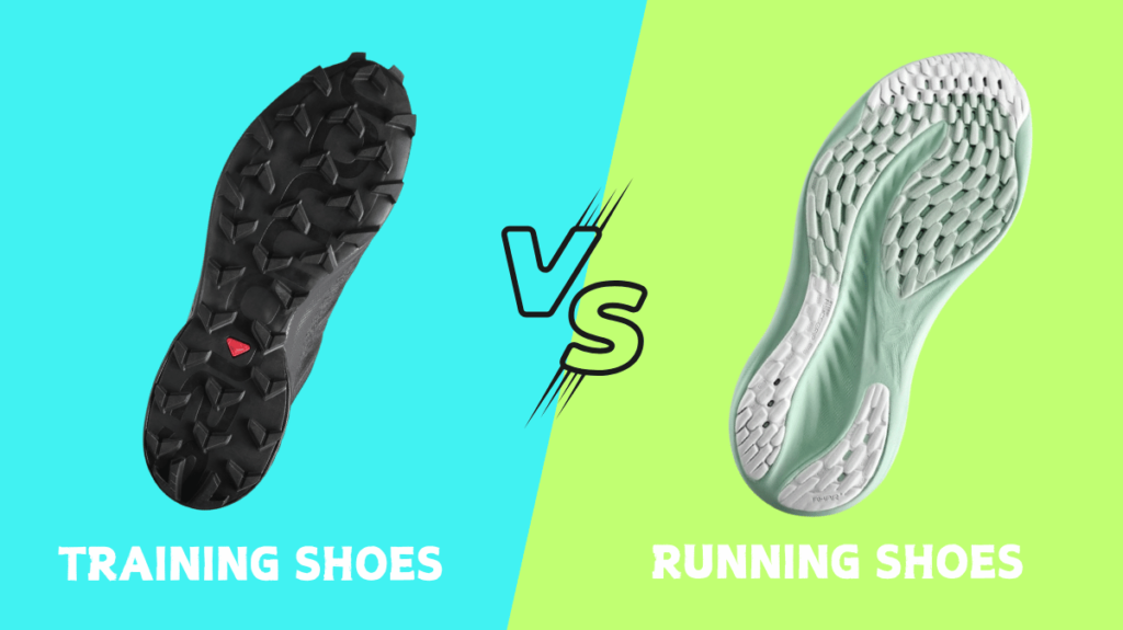 Close-up of the outsole of training shoes vs. running shoes showcasing grip patterns and traction.