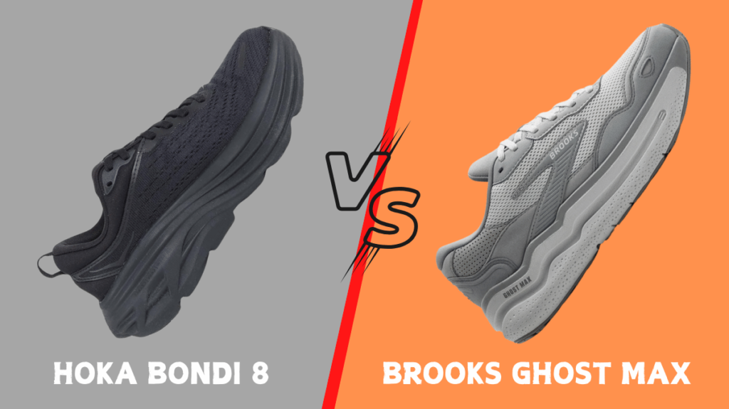 Side-by-side comparison of Hoka Bondi 8 and Brooks Ghost max toe boxes, emphasizing the wider fit of the Bondi 8 and the traditional fit of the Ghost.