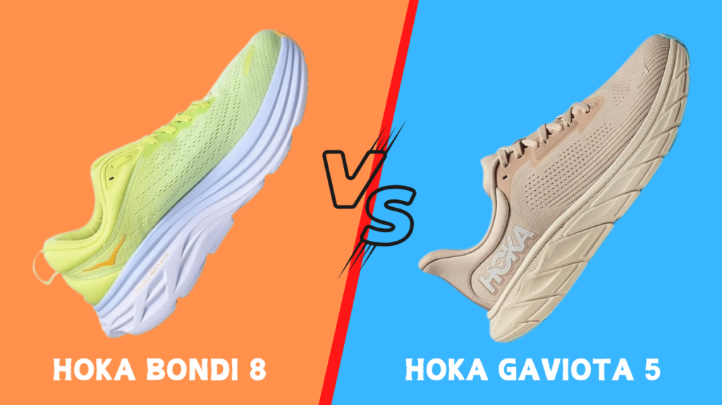 Side view of Hoka Bondi 8 vs Gaviota 5  highlighting the midsole cushioning and outer sole structure.
