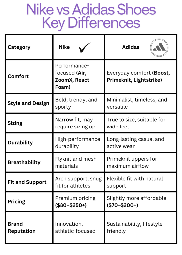 nike vs adidas shoes key differences like factors, including comfort, style, durability, pricing, and customer feedback