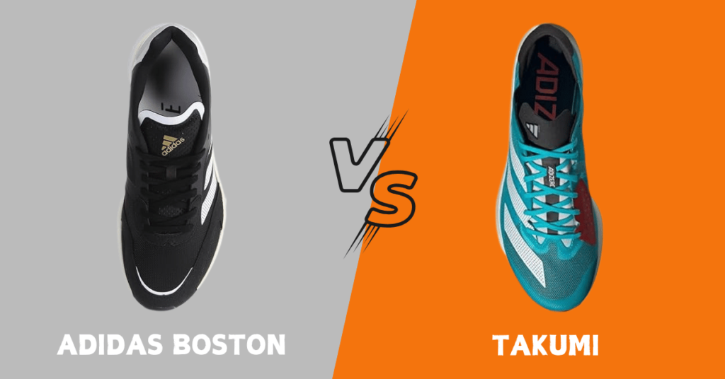 Top-down view of Adidas Boston vs Takumi shoes is highlighting the toe box and lacing design differences.