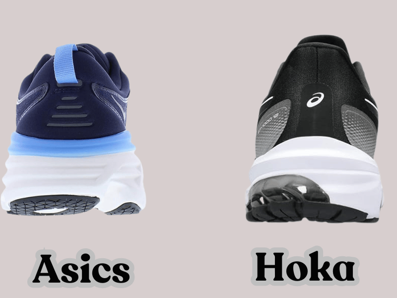 back view of both shoes of Hoka and Asics