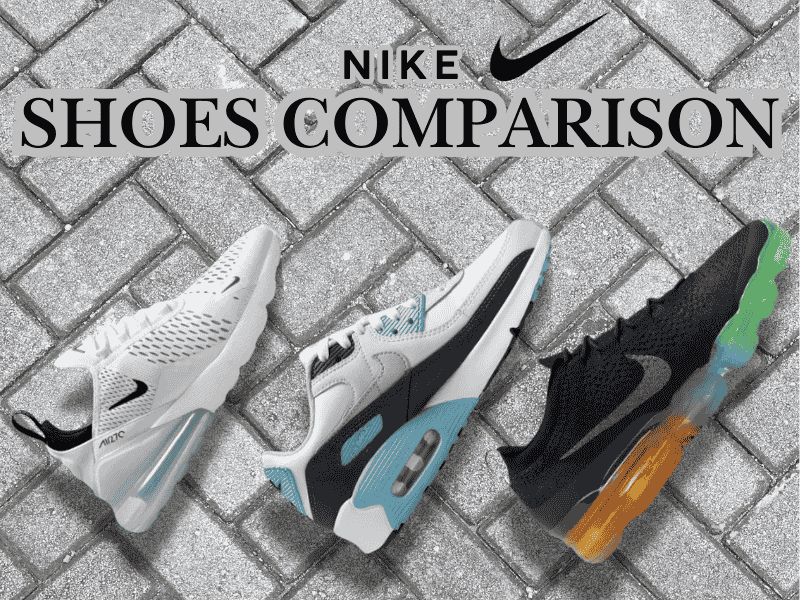 A collection of different models for a Nike shoes comparison including running and basketball sneakers.